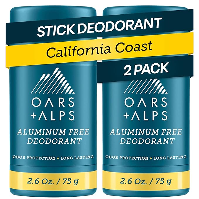 Oars + Alps Aluminum Free Deodorant for Men | Long Lasting Odor Protection Clear &amp Free of White Residue Anti-Chafing Smooth Glide Dermatologist Tested California Coast 2pk 2.6oz