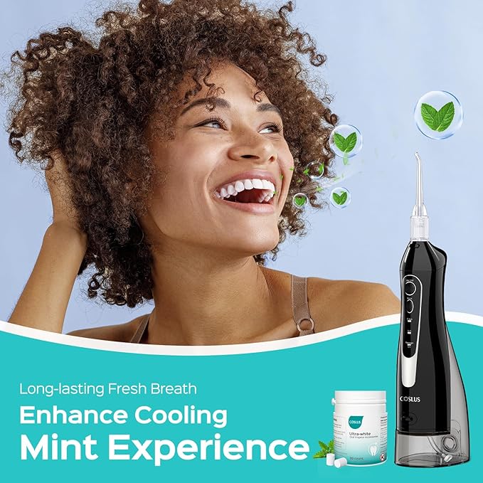 COSLUS Water Flosser Pick W40(F5020E) with Whitening Mint Flavor Refill Combo for Teeth Braces Gums Care - Easy to Use Portable for Coffee Lovers &amp Travel Rechargeable BPA-Free Black