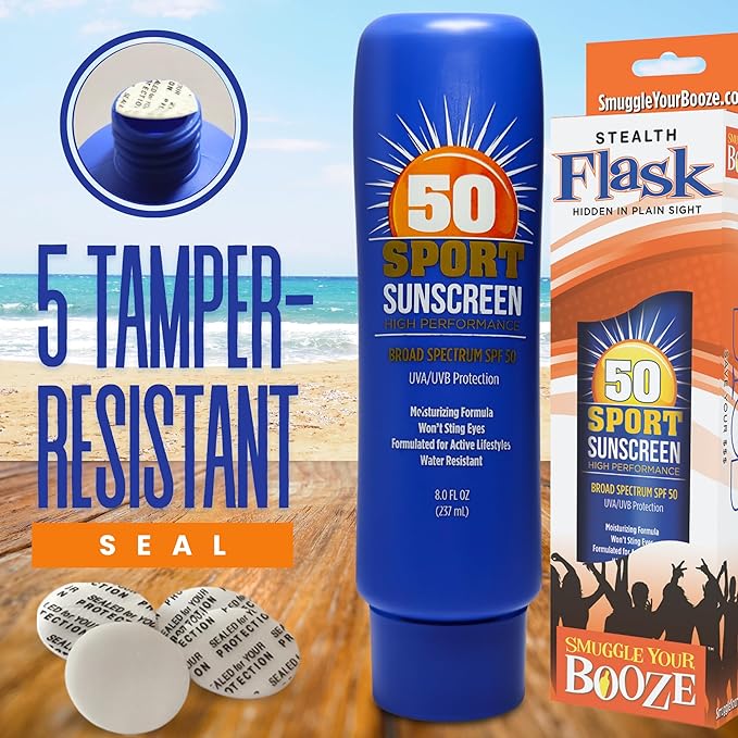 Hidden SPF50 Sunscreen Lotion Flasks 2 Pack by Smuggle Your Booze - 5 Tamper-Proof Seals | Discreet Plastic Flask for Liquor Disguise for Cruises Travel Concerts Festivals | 10 oz Each |