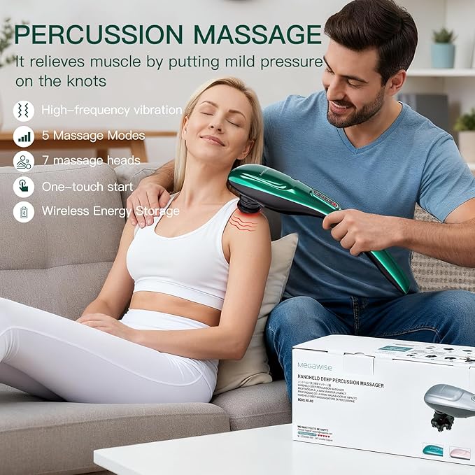 MEGAWISE Handheld Back Massager w/Rechargeable 3200mAh Battery 5 Speed and 5 +2 Massage Nodes with Hard (Dark Green)
