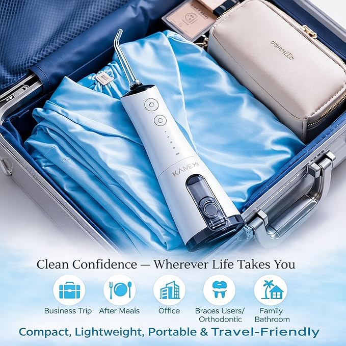 KAMEX Cordless Water Dental Flosser for Teeth Cleaning: Portable Oral Irrigator with 300ML Tank 4 Cleaning Modes Rechargeable IPX7 Waterproof Travel Water Flosser for Sensitive Gums Braces
