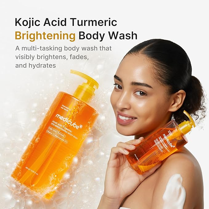 medicube Kojic Acid Body Wash &amp Glow Spray Duo: Kojic Acid Turmeric Brightening Body Wash and Turmeric Vitamin Gold Jelly Mist Serum | 2-Step Cleanse &amp Spray for Glowing Body Post-Shower Rout