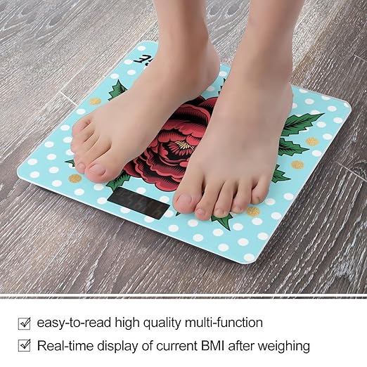 Vintage Peony Scale for Body Weight Sturdy Tempered Glass Weighing Scales with LCD Display Accurate Digital Bathroom Scale Convenient Body Fat Smart Scales Easy Read