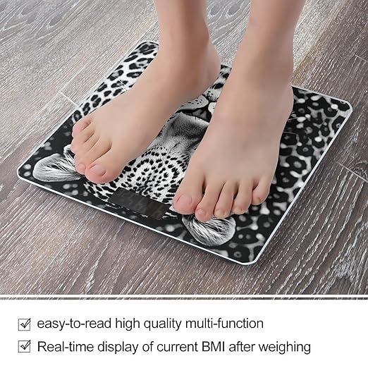 Black and White Leopard Face Weight ScaleClear LED Display Bathroom Digital Weighing ScaleTempered Glass Digital Bathroom Scale for Body Weight Capacity Up to 400 Lbs