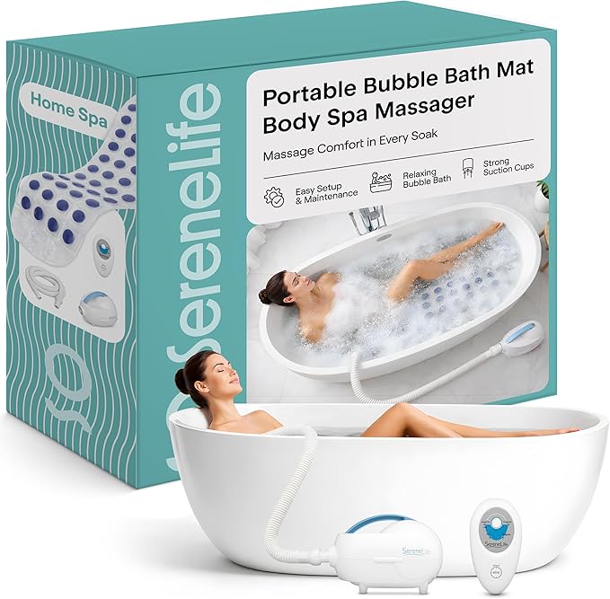 SereneLife Bubble Bath Mat Bathtub Mat with Air Massage and Remote Control Waterproof Non-Slip Adjustable Bubble Intensity Aroma Diffuser 47x14.2 Inch Full Body Spa Massager
