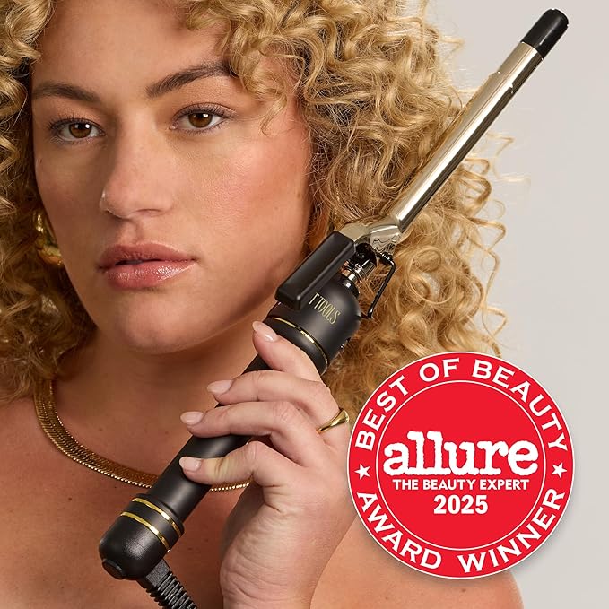 HOT Tools 24K Gold Professional 3/4 Extended Barrel Curling Iron with Clamp for Defined Curls - 24K Gold Technology for Long-Lasting Results &amp Longer Barrel for Easy Styling