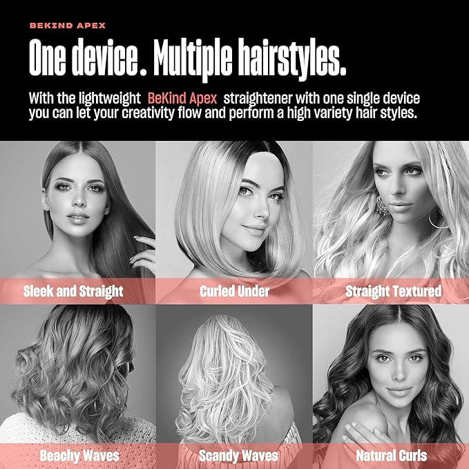 2-in-1 Hair Straightener Flat Iron by BeKind Apex | 1“ 460°F Straightener and Curler for All Hairstyles | UltraSmooth Tech | 15s Fast Heating &amp Temp Memory | Gift Set for Girls Women (Apex Peach)