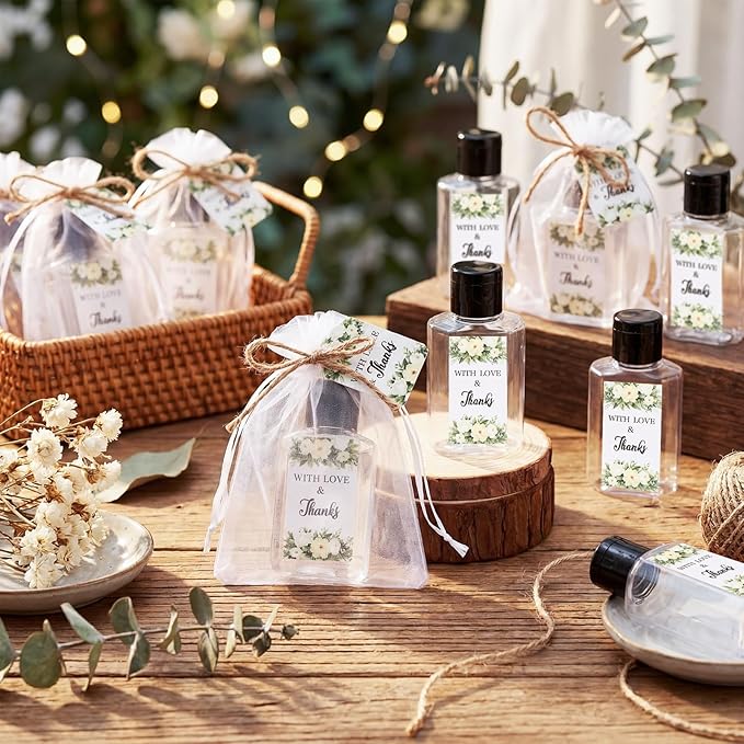 50 Sets Mini Hand Sanitizer Bottles Bulk 2oz Empty Christmas Hand Sanitizer Travel Size Wedding Favors for Guests with Organza Bags Thank You Tags for Woman Employees(Flower Green)