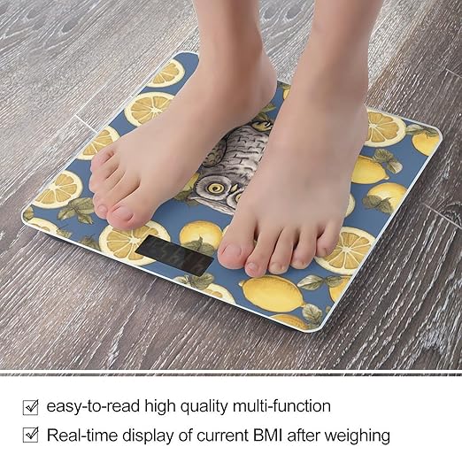 Lemon and Owl Scale for Body Weight Anti-Slip Tempered Glass Digital Bathroom Scales Clear LCD Display Weighing Scale Safe Rounded Corners Smart Scales