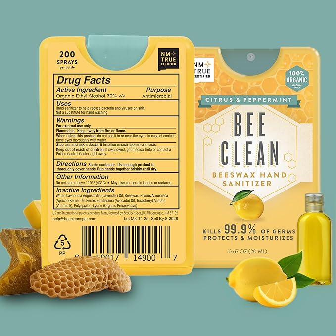 4-Pack Citrus Peppermint Hand Sanitizer Spray - Travel Size Mist with Organic Ethyl Alcohol Beeswax - Moisturizing with Essential Oils Non-Toxic Made in USA