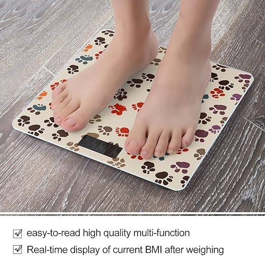 Cartoon Paw Prints Scale for Body Weight Anti-Slip Tempered Glass Digital Bathroom Scales Clear LCD Display Weighing Scale Safe Rounded Corners Smart Scales