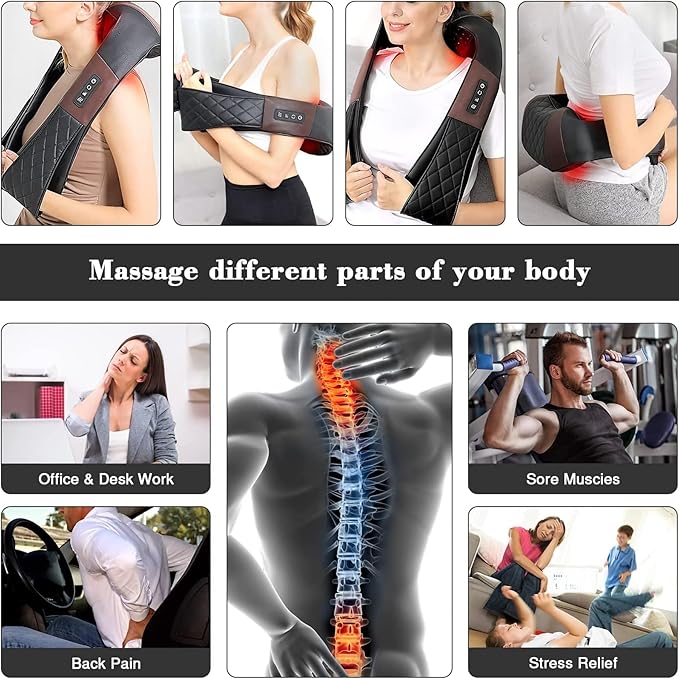 Back Neck Shoulder Massager Deep Tissue 3D Kneading Portable with Soothing Heat for Shoulder Leg Body Muscle Pain Relief Home Office Use (Color : Purplish Black+Bag)