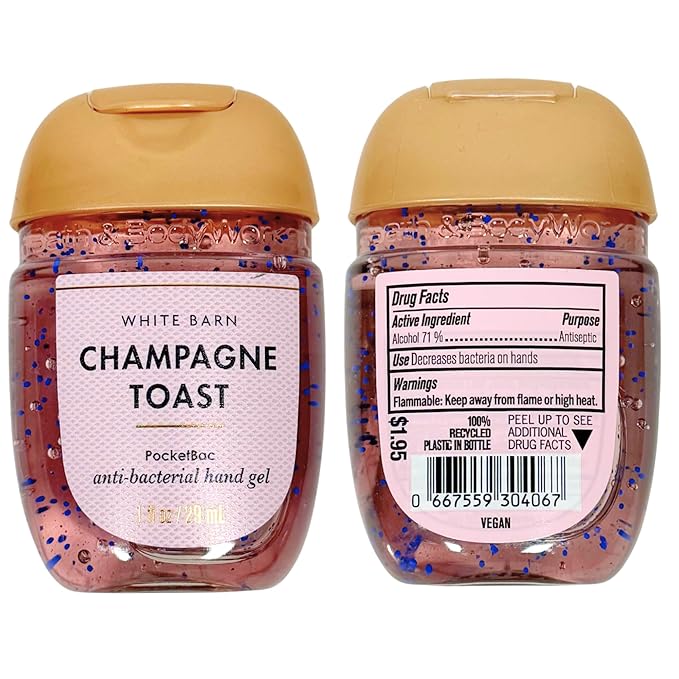 Bath and Body Care - Travel Size Sanitizer - 5 piece Bundle Set Hand Gel - 1 Fl Oz each - (Champagne Toast)