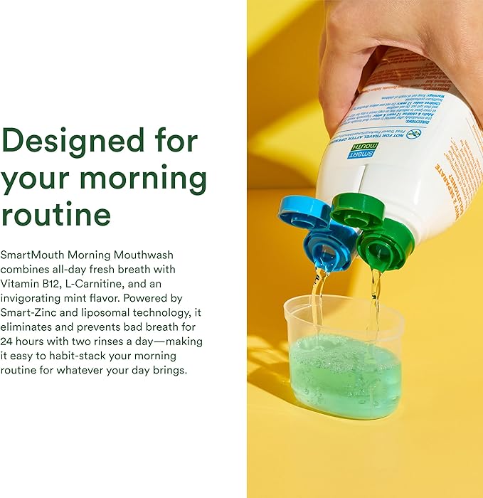 SmartMouth Advanced Liposomal Morning Mouthwash - All-Day Fresh Breath - Vitamin B12 &amp L-Carnitine - Dual-Solution Zinc-Activated Morning Mouthwash - Invigorating Mint Flavor - 16 fl oz Each 2-Pa