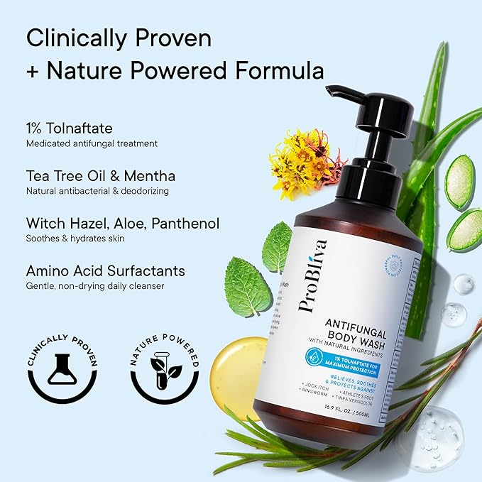 Antifungal Body Wash Treatment Soap – Antibacterial Wash for Jock Itch Ringworm Back Acne Tinea &amp Foot Odor – Medicated Skin Relief Cleanser Gel with Tea Tree Oil &amp Tolnaftate for Men and W