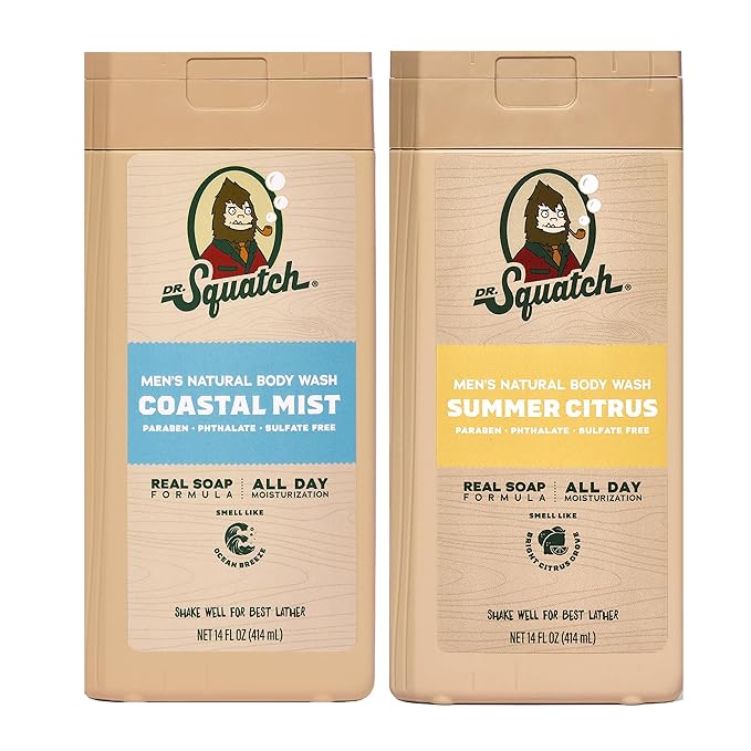 Dr. Squatch Natural Men's Body Wash Shower Gel - Cleansing Nourishing Long Lasting Scent Moisturizing Body Wash for Men - Coastal Mist + Summer Citrus (14 oz 2-Pack)