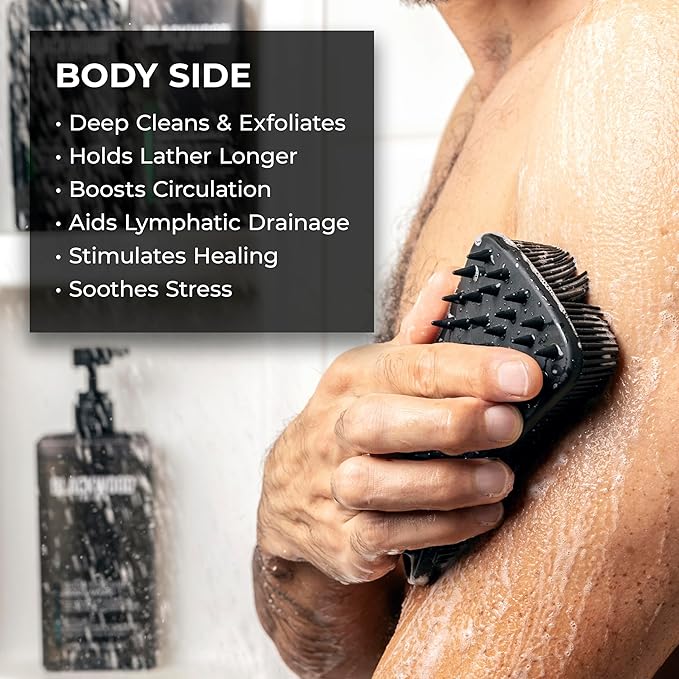 Blackwood For Men Pure Moisture Body Wash (7oz) + Double Duty Beard &amp Body Scrubber Bundle - Natural Vegan Formula for Sensitive Skin and Workout Recovery - Dual-Sided Men's Shower Tool