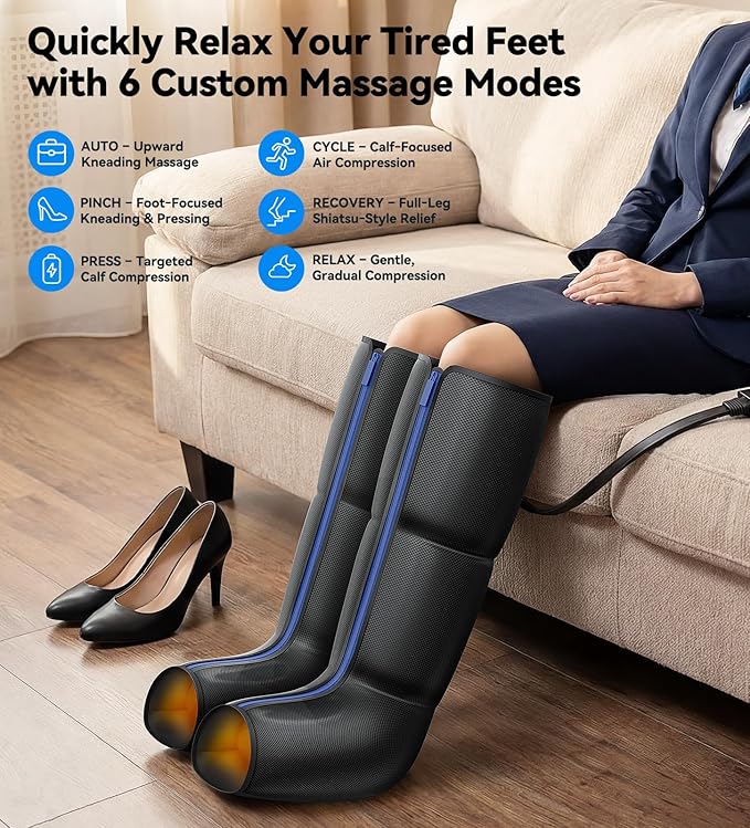 Leg Massager with Heat Foot and Calf Air Compression Massager with 6 Modes &amp 9 Intensities 3-Level Heating LED Display Timer Zipper Design Home Relaxation for Tired Feet &amp CalvesPitch-b