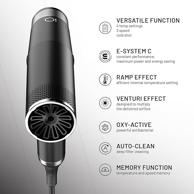 GA.MA iQ2 Perfetto Hair Dryer with 120000 RPM Intelligent Turbo Motor Auto-Standby Oxy Active Technology Includes 10 Filters Black