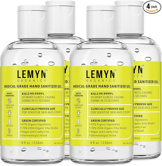Medical‑Grade Hand Sanitizer Gel – 97 % Organic | 70 % USP Ethyl Alcohol | Moisturizing Aloe + Hyaluronic Acid | Freshly Made in USA | 8oz Bottle with Flip top (PACK OF 4)