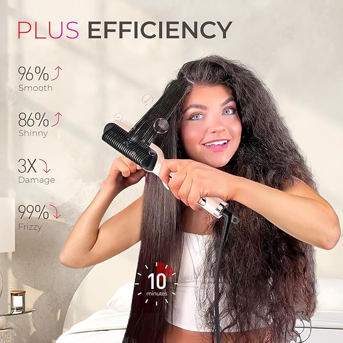 TYMO Ring Plus Ionic Hair Straightener Brush - Straightening Comb with Negative Ions for Women Titanium Coating 9 Temp Settings &amp LED Display Dual Voltage Professional Styling Tools Gold Blus