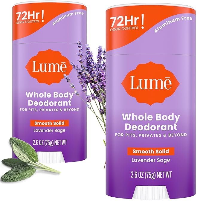 Lume Whole Body Deodorant - Smooth Solid Stick - 72 Hour Odor Control - Aluminum Free Baking Soda Free and Skin Safe - 2.6 Ounce (Pack of 2) (Lavender Sage)