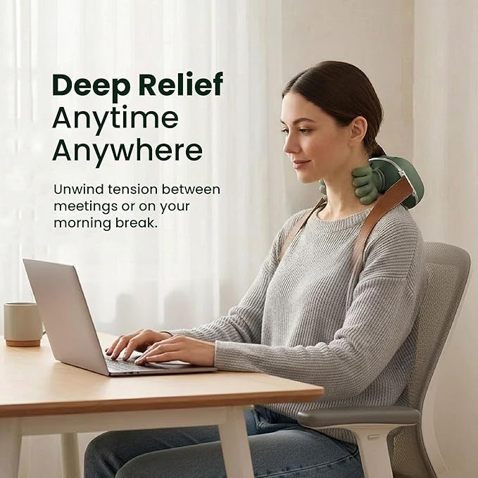 2025 New Neck &amp Shoulder Massager – Deep Tissue Portable Muscle Relaxer with Heat | Ergonomic Silicone Design for Pain Relief Tension Release &amp Travel-Friendly Recovery Device (Matte Green)