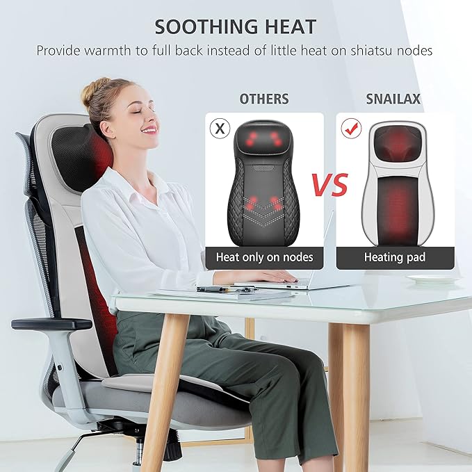 Snailax Neck and Back Massager with Heat Shiatsu Back Massager for Back Pain KneadingRolling Massage Seat CushionFull Body Massage Chair PadSeat Massager for ChairIdeal Gifts
