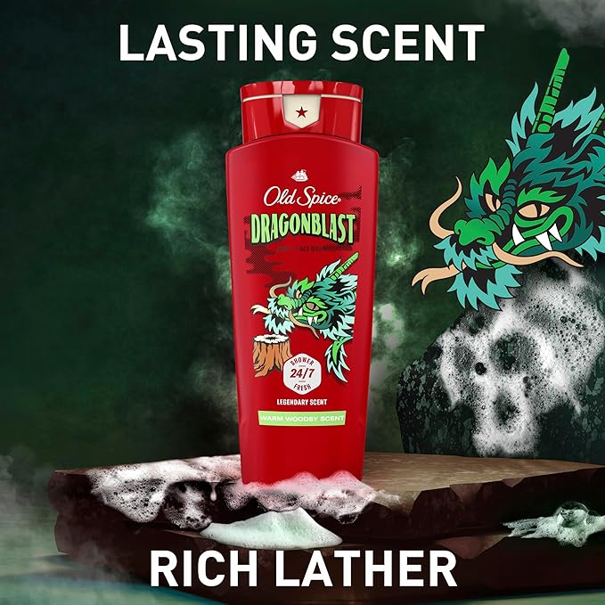 Old Spice Cleansing Body Wash for Men 3X Defense 24/7 Shower Fresh with Lasting Scent 2-in-1 Body &amp Face Wash Dragonblast Scent 24 oz (Pack of 4)