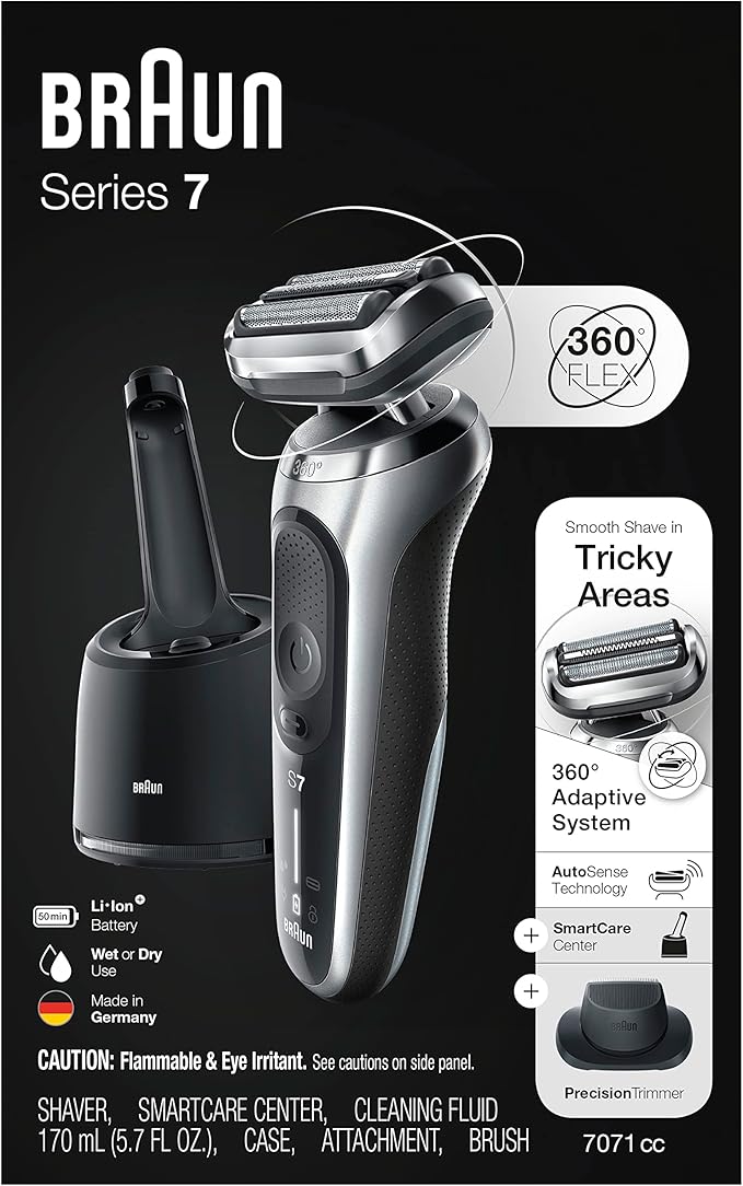 Braun Series 7 7071cc Flex Electric Razor for Men with SmartCare Center Precision Trimmer Wet &amp Dry Rechargeable Cordless Foil Shaver Silver