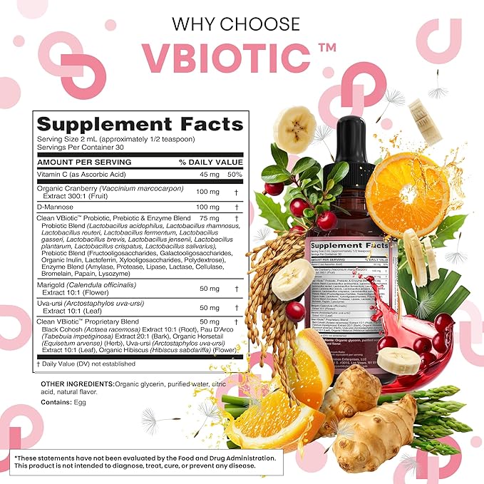 VBiotic Vaginal Probiotic for Women Liquid Drops | Womens Probiotics | Cranberry Uva Ursi Horsetail D-Mannose Prebiotics Marigold &amp Black Cohosh Vaginal Health Supplement | pH Balance | By Clean N
