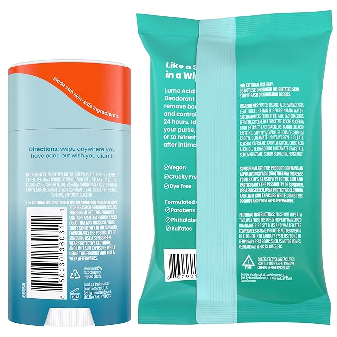 Lume Whole Body Deodorant - 2-Pack Smooth Solid Stick (Unscented) and Acidified Deodorant Wipes (Cool Cucumber) - Aluminum Free Baking Soda Free and Skin Safe