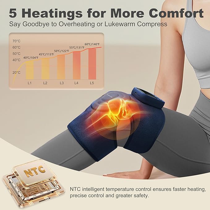 KingPavonini Cordless Knee Massager for Pain Relief Newly 4 Motors Vibration 5 Heat Levels 6 Massage Modes Knee Heating Pad for Knee Pain Heated Knee Massager Brace for Mom Dad (Blue 2.0)