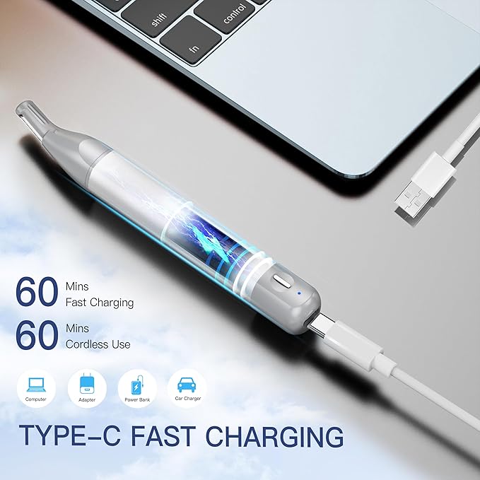 Nose Hair Trimmer for Men Women 2in1 Facial Hair Removal Trimmer - Metal Body Rechargeable Waterproof Portable - Nose Ear Eyebrow Peach-Fuzz Lips Chin (Silver)