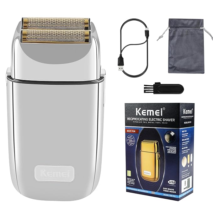 KEMEI KM-TX1 Men's Metal Double Electric Razor Cordless Type-C Rechargeable for Wet/Dry Close Shaving (Silvery)