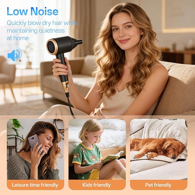VAGARY Hair DryerHigh-Speed Blow Dryer with 500 Million Negative Ions110000 RPMLow NoiseHD Display 5 Temps &amp 2 SpeedsNo Heat Damage Lightweight with Magnetic Concentrator(Gold)
