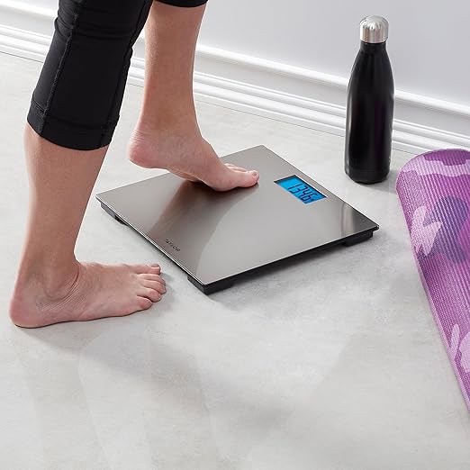 Taylor Digital Scales for Body Weight High 400 LB Capacity Brushed Stainless Steel Thin Glass Platform Unique Blue LCD Durable Platform 11.8 x 11.8 Inches Stainless Steel
