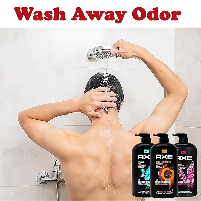 Axe Men's Body Wash Variety Set Set of 3 Scents Axe Dark Temptation Apollo and Excite Body Wash 3in1 Body and Face Wash in Pump Bottle 33.8 Ounce Each