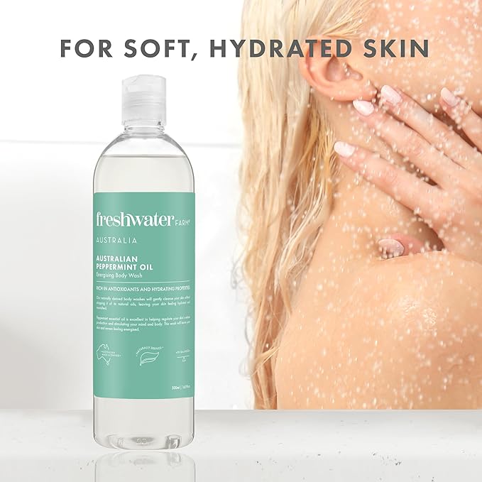 Freshwater Farm Australia Naturally Derived Shower Gel Body Wash - Paraben Phthlate Free Energizing Australian Peppermint Oil - Moisturizing Body Wash for Women - 16.9 fl oz 4PK