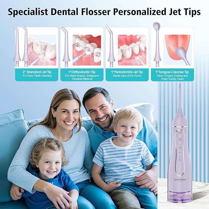 Leominor Water Dental Flosser Pick for Teeth 300ML Portable Oral Irrigator Upgraded Tank RemovableIPX7 Waterproof Rechargeable Travel Teeth Cleaner Professional Electric Flossing Machine(T-Purple)