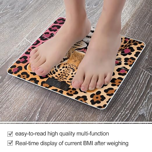 Pop Leopard Print Bathroom Scale for Body Weight LCD Display Digital Bathroom Scale Tempered Glass Bathroom Weight Scales Fashion Smart Scales for Home Bedroom 400 Lb