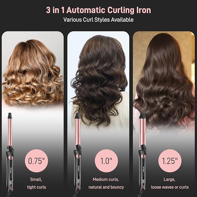 Rotating Curling Iron - 3 in1 Automatic Curling Iron with Interchangeable CurlingWand 3/4 1 1/4 1 Inch CurlingIron for Lasting Beach Waves Adjustable Temp Instant Heat Dual Voltage (Black)