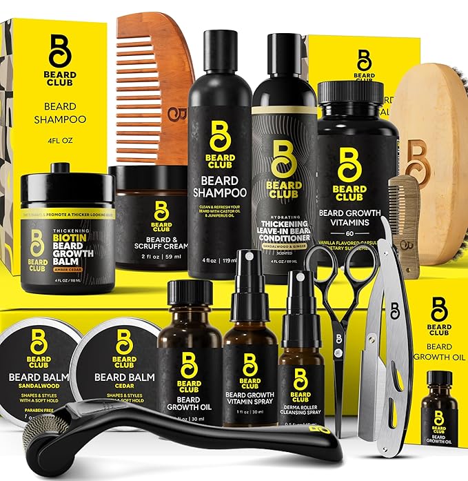 The Beard Club Ultimate Beard Growth Kit - Derma Roller Growth Oil Vitamins Vitamin Spray Biotin Balm Conditioner Cream Balms Shampoo Razor Scissors Combs Brush Cleansing Spray - Gift Set