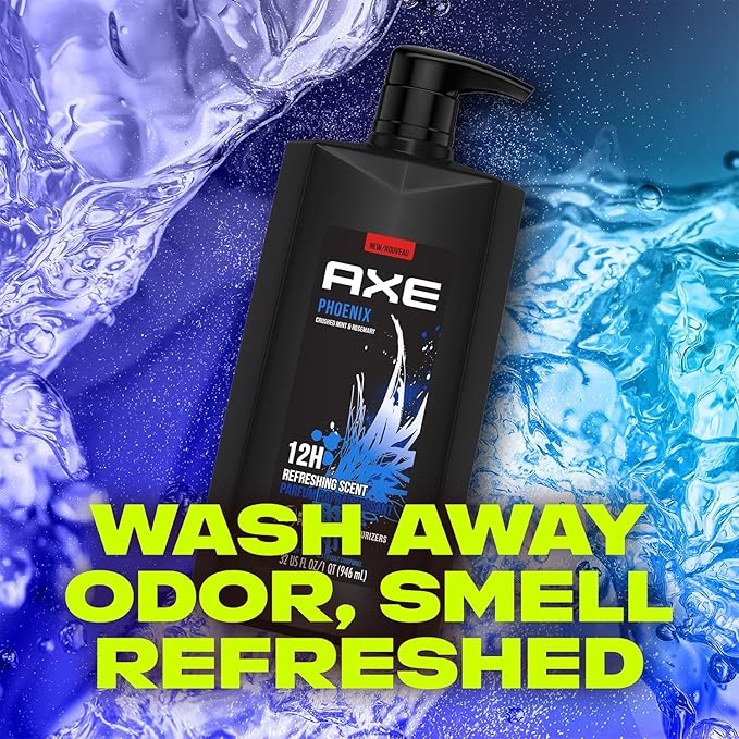 AXE Men's Body Wash &amp Shower Gel Phoenix 3-Pack 12H Invigorating Crushed Mint &amp Rosemary Scent 32 Fl Oz Each
