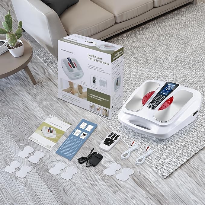 EMS Foot Massager with HeatTENS Electronic Muscle Circulation Stimulator with 4 Electrode Pads for NeuropathyRelieves Swelling Fatigue Plantar Fasciitis-Silent Operation ((White)