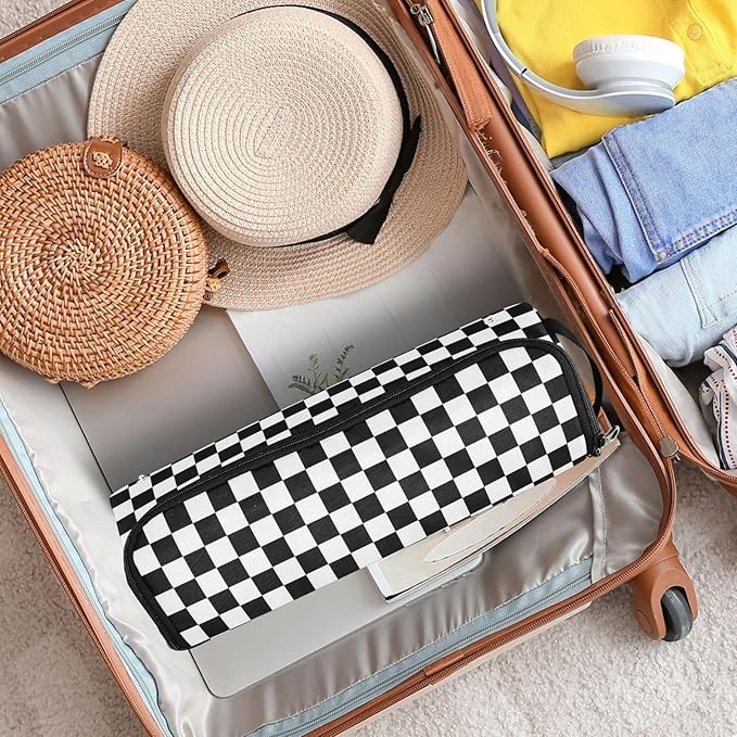 Hair Tools Travel Bag with Heat Resistant Mat Detachable 2-in-1 Curling Iron Travel Case Hot Tools Organizer for Straightener Flat Iron Checkered Black and White