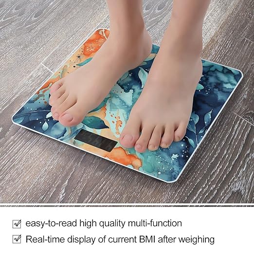 Watercolor Pattern Scale for Body Weight Anti-Slip Tempered Glass Digital Bathroom Scales Clear LCD Display Weighing Scale Safe Rounded Corners Smart Scales