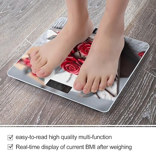 Roses on Wooden Board Digital Bathroom Scale for Body Weight with High Precision Digital Weighing Scale with BMI Clear LCD Display and Step-On Measures Weight Up to 180kg
