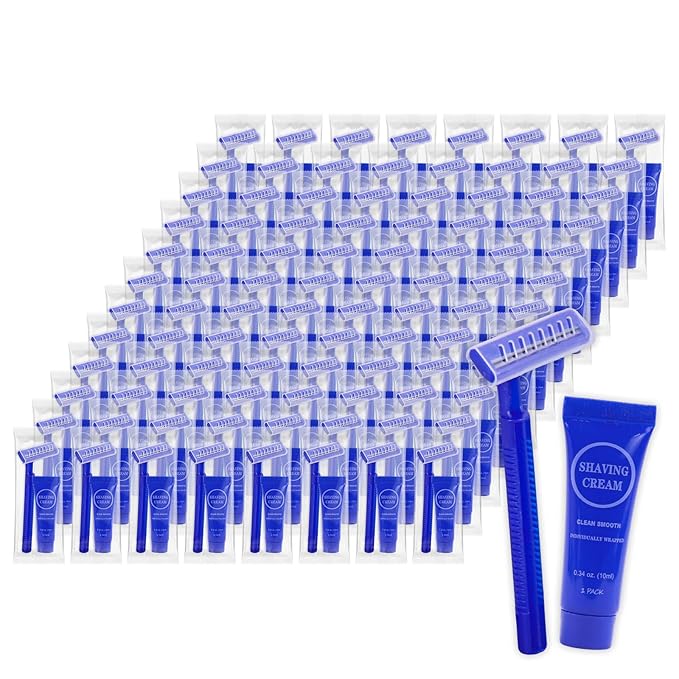 Disposable Razor Shaving Cream Set Individually Wrapped Manual Twin Blade Shaving Razors in Bulk with Mini Smooth Shaving Cream Toiletries for Hotel Charity Camping Travel Homeless 0.34oz (100 Pack)