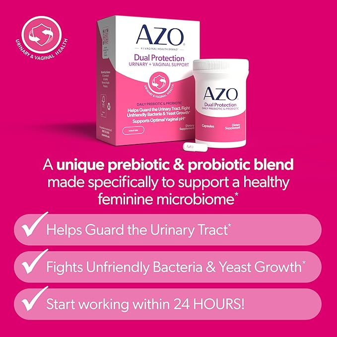 AZO Dual Protection Urinary + Vaginal Support Prebiotics and Probiotics for Women* Starts Working Within 24 Hours Non-GMO 30 Count